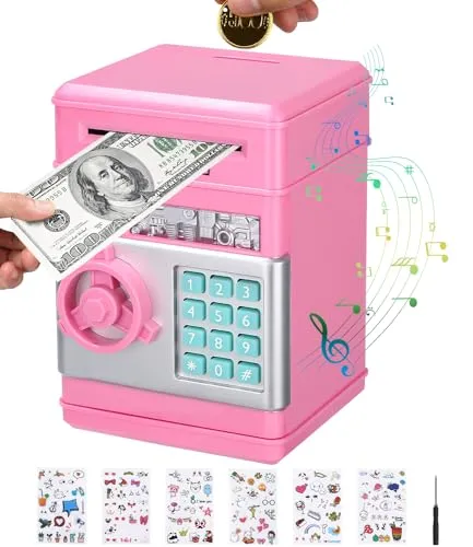 Birshe Elektronische Spardose Safe,Passwort Spardose für Kinder,Elektronische Spardose Jungen Mädchen Spardose Groß mit Niedlichen Aufklebern Weihnachts Geburtstags Geschenke Spielzeug Rosa