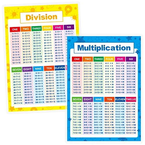 SpriteGru Laminierte mathematische Bildungsposter, Multiplikation und Division, mathematische Lernwerkzeuge, Bildungstabellenposter für Kinder, Grund- und Mittelschulklasse (2 Stück)