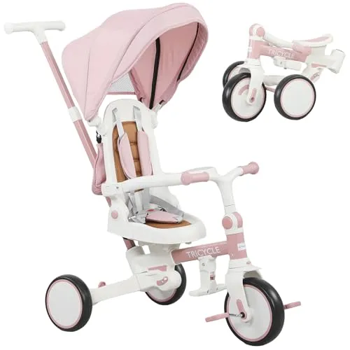AIYAPLAY Dreirad mit reversiblem Sitz und Sonnendach - Rosa - Dreirad für 1-3 Jahre mit 5-in-1 Design, verstellbarem Schiebegriff und abnehmbarem Sonnendach für sichere Ausflüge im Freien.