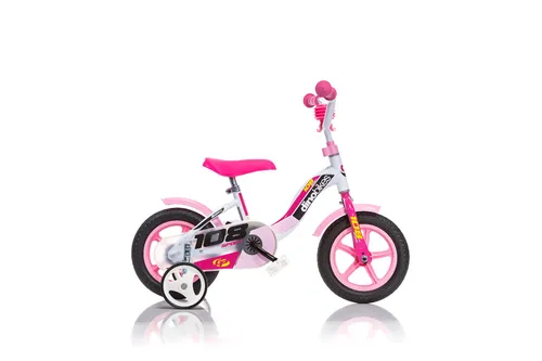 Dino 108 Sport Mädchenfahrrad 10 Zoll Rosa/Weiß - Kinderfahrrad für Anfänger, ausgestattet mit stabilen Stützrädern und einer Handbremse für sicheres Fahren. Ideal für Mädchen von 1 bis 3 Jahren, um das Radfahren spielerisch zu lernen!
