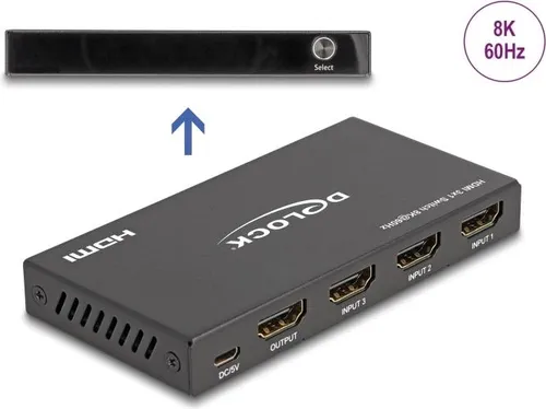 DELOCK HDMI Switch 3x HDMI in zu 1x HDMI - Switch Box für 3 HDMI-Quellen, unterstützt 8K bei 60 Hz für gestochen scharfe Bildqualität und einfache Umschaltung.
