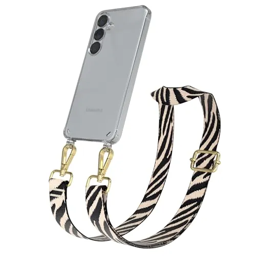 EAZY CASE Handykette - Verstellbares Taschenband kompatibel mit Galaxy S25, Schulterriemen, Handykordel mit Silikon Hülle, Umhängetasche, Zebra - Schwarz Beige Gold