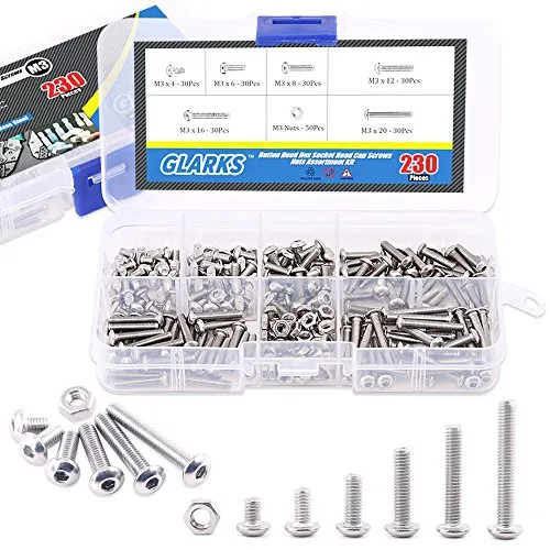 Glarks M3 Edelstahl-Inbusschrauben, Innensechskantantrieb, Zylinderkopfschrauben, Muttern, Sortimentsset (M3), 230 Stück
