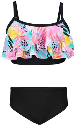 Aquarti Mädchen Bikini Set Bustier Bikinislip Zweiteiliger Badeanzug, Farbe: 030I mit Rüschen/Blätter/Rose/Gelb/Schwarz, Größe: 158