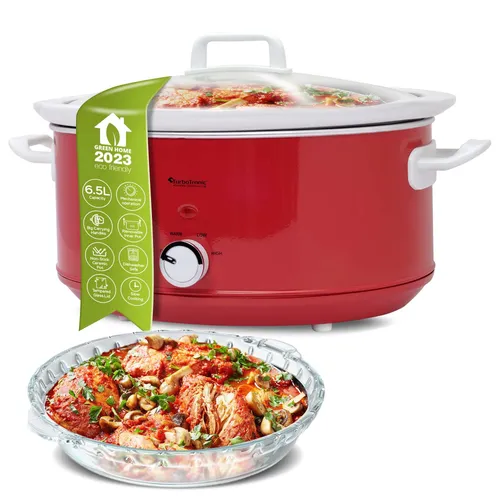 TurboTronic Slowcooker 6,5 Liter Schongarer mit Anbratfunktion & Warmhaltefunktion Langsamkocher Dampfgarer Schmortopf Gartopf Sous Vide Garer Retro Vintage Design Slow Cooker