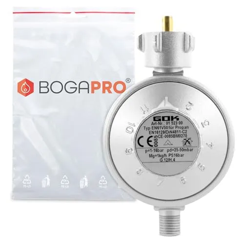 BOGAPRO 11 Stufen Niederdruckregler, Einstellbarer Gasdruckminderer von 25-50mbar für Propangasflaschen bis 11kg, inkl. Polybeutel