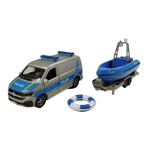 Kids Globe VW Transporter Polizei mit Boot DE Die Cast Pull Back 29cm, Spielzeug für Kinder, 520360, Blau