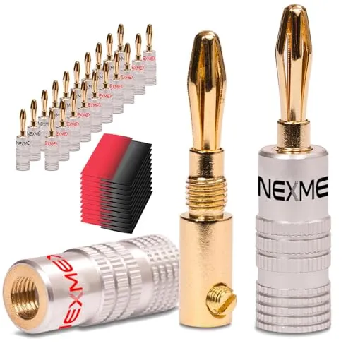 NEXMEX Bananenstecker mit Schrumpfschlauch - 22 Stück Stecker als Set - Steckverbinder 24K vergoldet für Lautsprecherkabel - für HiFi Receiver Verstärker
