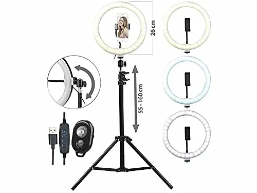 Somikon LED-Ringlicht, Handy-Halter, Stativ, Fernauslöser, Ø 10