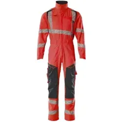 MASCOT® ACCELERATE SAFE Overall mit Knietaschen, hi-vis Rot/Scharzblau, Größe L - Warnschutzoverall für optimale Sichtbarkeit und Sicherheit, ergonomisch geschnitten mit höhenverstellbaren Knietaschen aus strapazierfähigem CORDURA® für besten Tragekomfort.