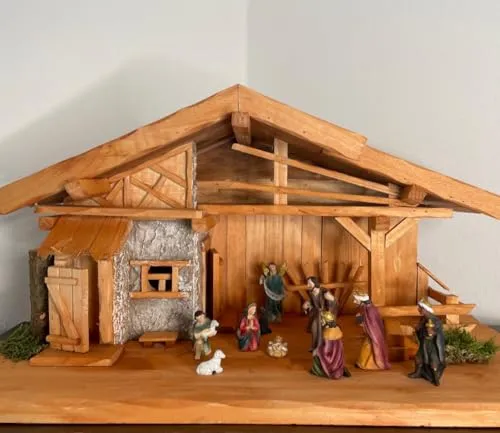 DARLUX Handgefertigte Weihnachtskrippe aus Holz mit handbemalten 11 Figuren I Tisch Krippe I Weihnachten I Größe 30 x 60 cm I Tischdekoration (Krippe 55 + Figuren)