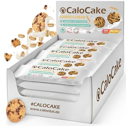 CaloVital CaloCake Cookies & Cream 24er Box - Energieriegel für Bodybuilding und Fitness, laktosefrei und ohne künstliche Süßstoffe, ideal zur Gewichtszunahme, 24x125g Riegel in leckerem Cookies & Cream Geschmack.