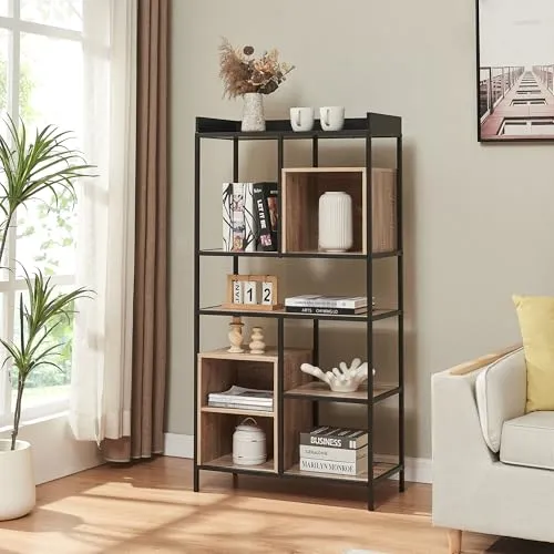 [en.casa] Bücherregal Belana – 9 offene Fächer in Schwarz/Eicheoptik - Stilvolles Standregal mit 9 offenen Fächern, ideal für Bücher und Deko. Perfekt für Wohnzimmer, Büro oder Flur. Pflegeleicht und schnell aufgebaut, bringt es Ordnung in Ihr Zuhause.