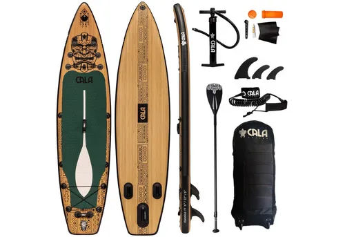 CALA SUP-Board KANALOA - Aufblasbares Komplett-Set in Holzoptik - Surfen & Kitesurfen, robustes SUP-Board mit Vollcarbon-Paddel und D-Ringen für Kajaksitz, ideal für Anfänger und Fortgeschrittene, Tragfähigkeit bis 135 kg.