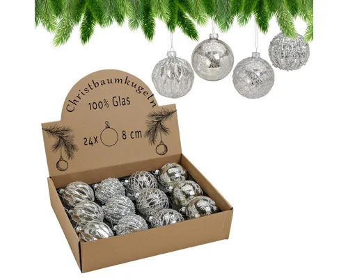 matches21 HOME & HOBBY Christbaumschmuck Glas Christbaum-Kugeln 24er Set Christbaum-Schmuck Silber glitzernd (24-tlg), Ø 8 cm Weihnachtsbaum-Schmuck als Weihnachten Baum-Schmuck