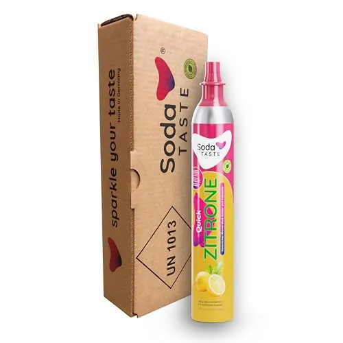 SodaTASTE Quick Zitrone CO2-Zylinder tauschen (Refill) für Wassersprudler mit natürlichem Zitronenaroma ohne Sirup, für max. 60l Sprudelwasser mit Geschmack, zuckerfrei (ACHTUNG: Leerzylinder nötigt)