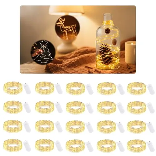 Pavlleen 20 Stück Micro LED Lichterkette,led lichterkette mit batterie, 2M 20 Mini LED Mit Batterie,für Party Hochzeit,Zimmer Deko,Weihnachten,Flasche,DIY(Warm Weiß)