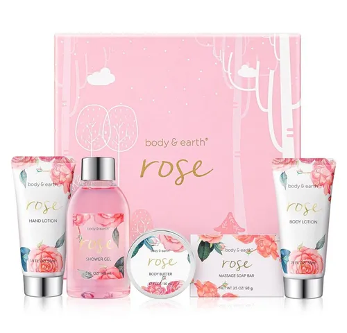 BODY & EARTH 5-teiliges Rose Geschenkset für Frauen - Luxuriöses 5-teiliges Geschenkset für Frauen mit Duschgel, Handcreme, Bodylotion, Körperbutter und Seife. Ideal für entspannende Spa-Momente zu Hause. Elegante Präsentation in dekorativer Box.