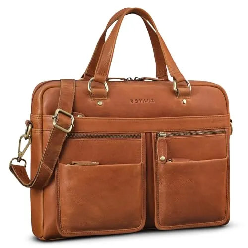 ROYALZ 'San Francisco' Moderne Ledertasche Herren und Damen Echtleder Mittel-Groß - perfekt als schmale Aktentasche Businesstasche Laptop-Tasche 13-14 Zoll, Farbe:Texas Braun