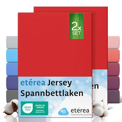 etérea Jersey 2er Set Spannbettlaken 200x220cm Rot bis 25 cm Höhe - 100% Baumwolle Spannbetttuch Oekotex - Bed Sheets mit Rundumgummi - Doppelpack Bettlaken 200x220 cm - Red