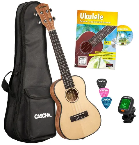 Cascha 2152 Solid Top Konzert Ukulele Bundle - Konzert Ukulele Set mit solidem Fichten-Top und Mahagoni-Korpus, ideal für Einsteiger und Fortgeschrittene. Inkl. Tasche, Stimmgerät, Plektren & Lernbuch für schnelle Fortschritte.