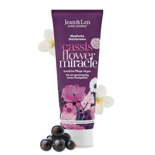 Produktbild Jean & Len Mystische Duschcreme Cassis & Weiße Blüte, reinigt die Haut sanft und schonend, für trockene Haut, sinnlicher Duft nach Cassis und Jasminblüte, ohne Parabene & Silikone, vegan, 250 ml