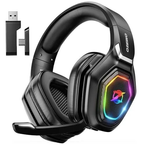 Ozeino Kabelloses Gaming-Headset mit Mikrofon - Gaming-Headset mit 30 Stunden Akkulaufzeit und RGB-Beleuchtung, ideal für lange Gaming-Sessions auf PS5, PS4, PC und Mobilgeräten.