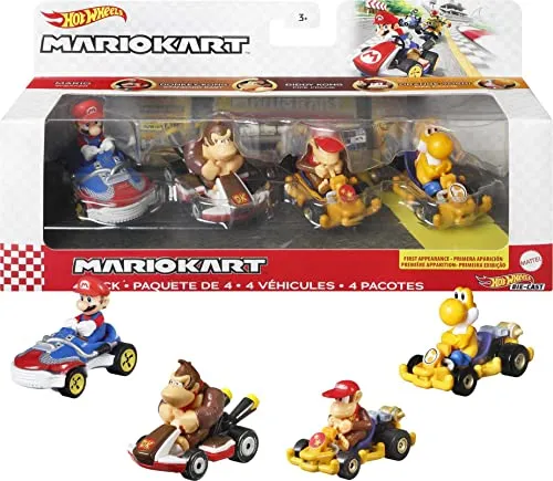 Hot Wheels HDB22 - Mario Kart-Fahrzeug (4er-Pack), Set mit 4 beliebten Figuren, darunter 1 Exklusives Modell, Spielzeug-Sammlergeschenk für Kinder und Fans ab 3 Jahren
