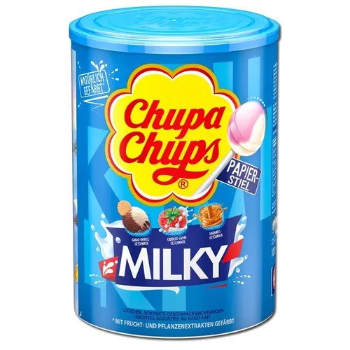 Chupa Chups Milky Lutscher, 100 Stück - Hartkaramellen & Hartbonbons, cremiger Milchgeschmack für ein einzigartiges Geschmackserlebnis, ideal für Partys oder als Snack.