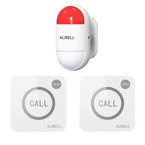 ALIBELL Persönlicher Alarm 120dB Sirene, Notfall Knopf Sicherheits System | für Haus / Geschäft / Fabrik, 2 Notrufknöpfe + 1 Sirene (Batteriebetrieben & Plug-in Netzbetrieb)