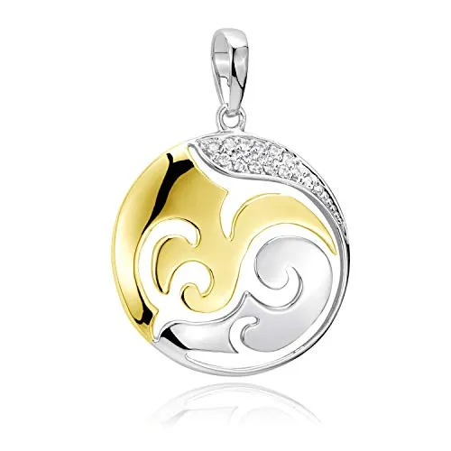 MATERIA Damen Anhänger Silber 925 Gold - Bicolor Kettenanhänger mit Zirkonia - Eleganter Damen Anhänger aus 925 Sterling Silber in bicolor Optik, rhodiniert und mit 12 weißen Zirkonia. Ideal für alle Halsketten bis 3mm Stärke, in edlem Schmuck Etui geliefert – perfektes Geschenk!