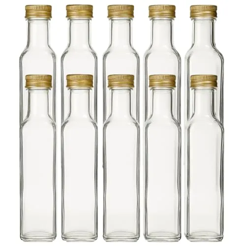 gouveo 10er Set Glasflaschen 250 ml (0,25 l) Maraska mit Schraubverschluss PP31,5 Gold leere eckige Flaschen aus Klarglas zum Abfüllen von Likör, Sirup, Öl & Essig (MFET250G)