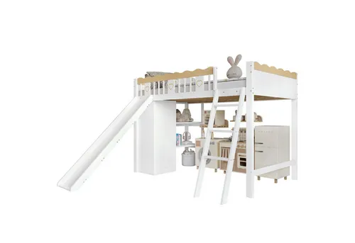 Hochbett mit Rutsche und Kleiderschrank, 90x200 cm, Kinderbett