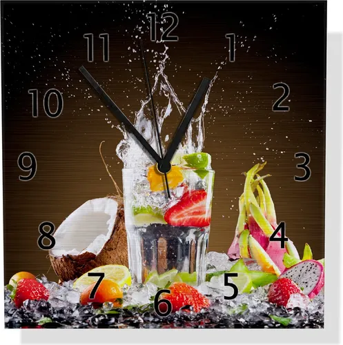 Wallario Design Wanduhr Tropische Früchte – 30 x 30 cm aus Aluverbund - Hochwertige Wand-Uhr mit tropischem Motiv auf stabiler Aluverbundplatte. Leicht, langlebig und einfach zu montieren. Verleihen Sie Ihrem Raum einen besonderen Akzent!