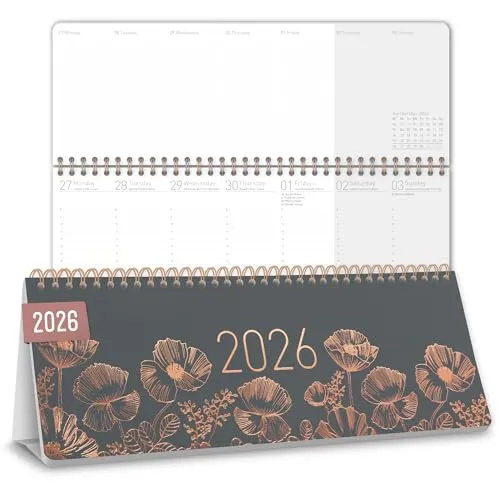 Häfft® Internationaler Tischkalender 2026 quer 'Poppy' 1 Woche 2 Seiten, Wochenkalender 29,8 x 11,6 cm, mehrsprachiges Kalendarium - nachhaltig und klimafreundlich