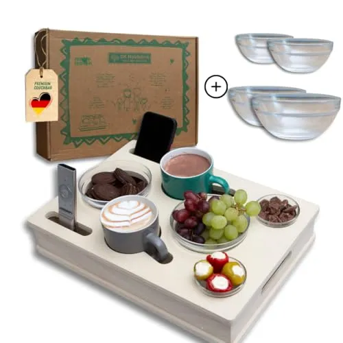 PEGSEN ALL IN ONE Couchbox in weiß mit 4 Glasschalen | Couchbar Snackbox personalisiert | Snackbar für die Couch | Couch Tablett mit Getränkehalter | Sofabar | Couch Butler für Kaffeetassen