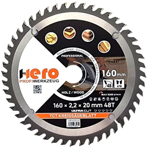 HERO Kreissägeblatt 160 x 20/16 mm 48 Zähne Hartmetall Sägeblatt TCT Ersatzsägeblatt für Holzbearbeitung Weich & Hartholz, Nichteisenmetalle Universal Handsäge, Gehrungssäge, Tischkreissäge, Kappsäge