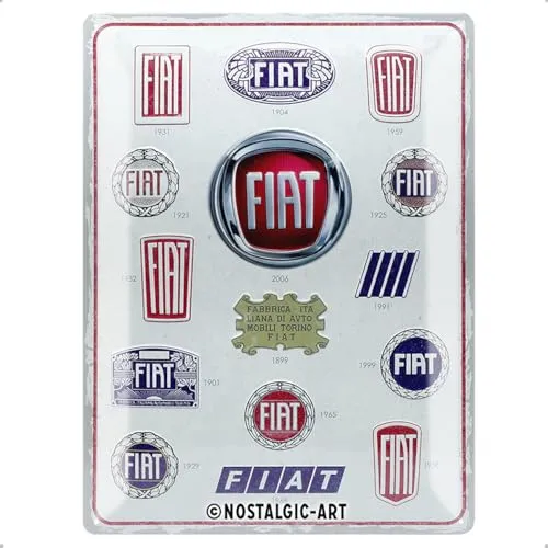 Nostalgic-Art Retro Werkstatt Blechschild - Fiat Logos 30x40cm - Vintage Metallschild mit Fiat Logos, ideal für Auto-Liebhaber und als stilvolle Dekoration in Garage oder Lounge. Hochwertiges, gewölbtes Design in 3D-Optik.
