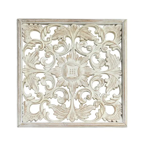 Wandbild Ornament Symbol Mandala Relief  Holz Schnitzerei Weiß ca. 44 x 44 cm