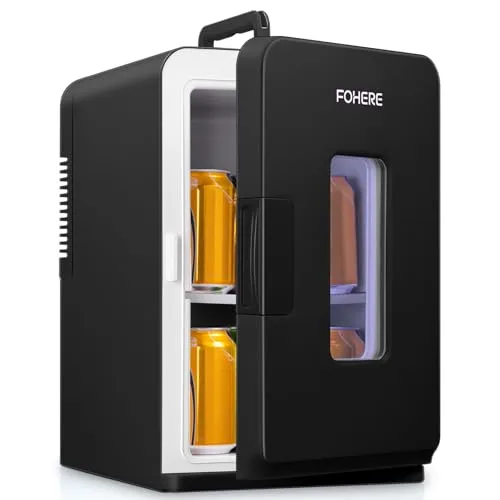 FOHERE 2 in 1 Mini Kühlschrank, 15L Kühlschrank für Zimmer mit Kühl- und Heizfunktion, DC/AC für Autos, Büros und Wohnheim, ECO-Low-Noise-Modus, für Kosmetik und Getränke, Schwarz