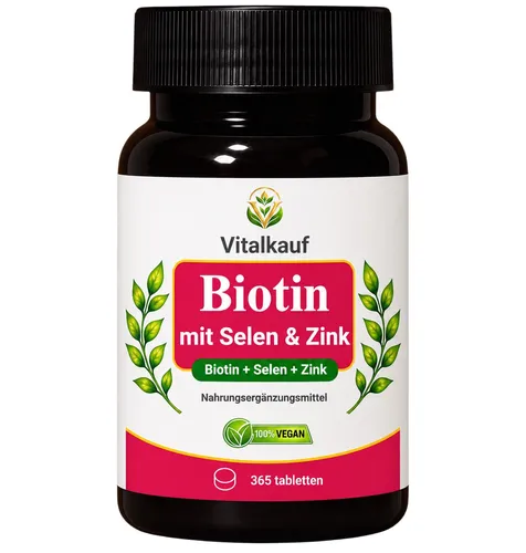 Vitalkauf Biotin 💅 + Selen + Zink – 365 vegane Tabletten – Haut, Haare & Nägel