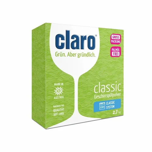 Claro Spülmaschinenpulver Öko Classic 2,7kg - Geschirrspülmittel, vegan und palmölfrei. Kraftvoll bei niedriger Temperatur, ideal für alle privaten Spülmaschinen und schont die Umwelt.