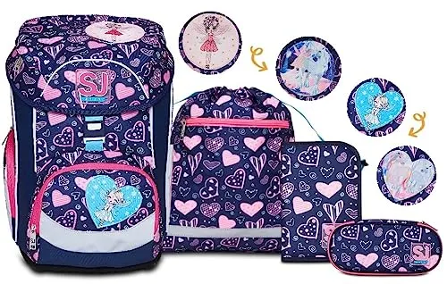 SJ GANG STYLE JAM GANG Schulranzen Set 4-teilig Ergonomischer Rucksack, Sportbeutel-Turnbeutel, gefülltes Mäppchen, kleine Federtasche, Höhenverstellbar, Kinder Grundschule Mädchen Junge, violett