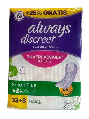 Always Discreet Slipeinlagen Pads Binden Small Plus 32+8 Stück