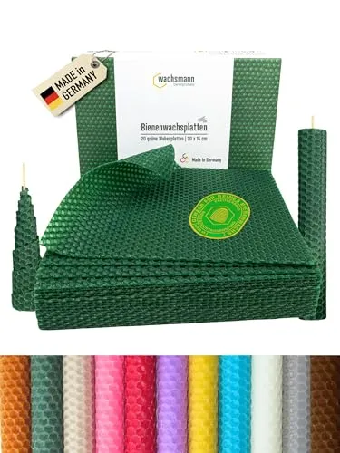 Wachsmann 20 Bienenwachsplatten aus Deutschland - Kerzenwachs zum Selbermachen - Kerzenwachs aus 100 % reinem deutschen Bienenwachs, ideal für kreative Bastelprojekte mit herrlichem Honigduft. Perfekt für individuelle Geschenke und Deko.