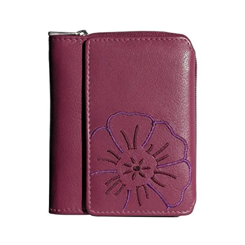 Branco Leder Damen Geldbörse - Edles Portemonnaie mit Blumenmotiv (Beere) - Damen-Geldbörse aus hochwertigem Leder mit aufwendigem Blumenmotiv, bietet viel Platz für Karten und Geld, ideal für stilbewusste Frauen.