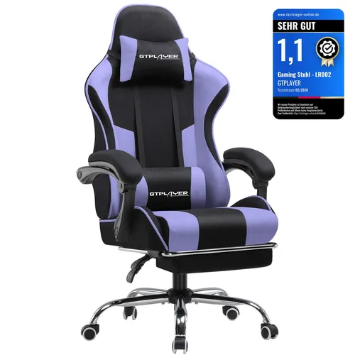 GTPLAYER Gaming Stuhl mit Massagefunktion und Fußstütze, ergonomisch gepolstert, lila - Ergonomischer Multimediasessel mit Kopfstütze und Massage-Lendenkissen für optimalen Komfort. Ideal für lange Gaming-Sessions, einfach zu reinigen und robust durch stabile Metallbeine.