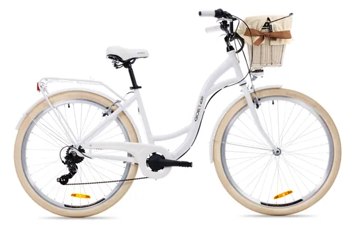 Goetze Mood 28 Zoll City Bike, 18 Zoll ALU Tiefeinsteigerrahmen, 7-Gang Shimano, V-Bremse, LED-Beleuchtung, Komfortsattel, Rattankorb