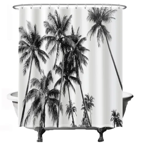 Ulticool Duschvorhang - Strand Natur Retro Vintage Palme Art - 180 x 200 cm – Anti Schimmel - Waschbar – Wasserdicht - mit 12 Ringe - Schwarz Weiß