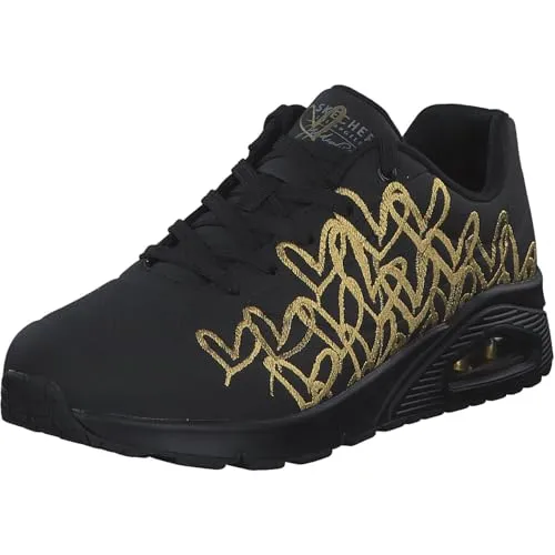 Skechers Uno - Golden Heart Damen Sneaker Schwarz 36 EU - Stylische Sneaker von Skechers mit einzigartigem Herzdesign in Gold, gepolstertem Schaft und Air-Cooled Memory Foam für maximalen Tragekomfort – ideal für den Alltag.